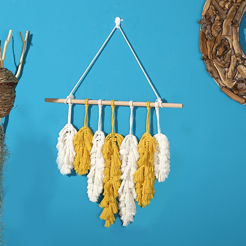 Processing Custom Ins Cross-Border Hand-Woven Leaf Tapestry Wall Decoration Soft Decoration Home Decoration Wall Hanging Feather Pendant details Picture