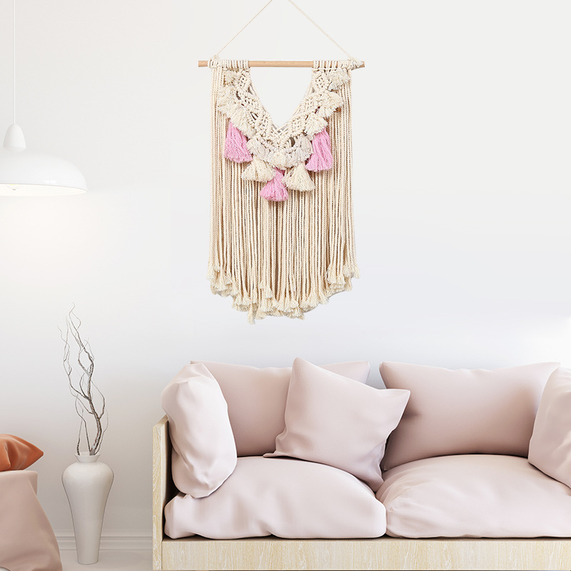 Cross-Border Simple Style Hand-Woven Decorative Tapestry Woven Pink Color Fringe Background Wall Living Room Bed Wall Tapestry Specification drawing