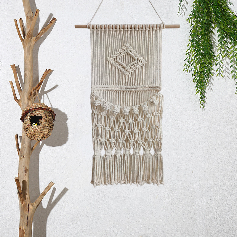 Nordic Wind Cotton Rope Hand-Woven Net Living Room Study Bedroom Tapestry Flower Basket Dry Flower Storage Magazine Bag Wholesale Application Scenario