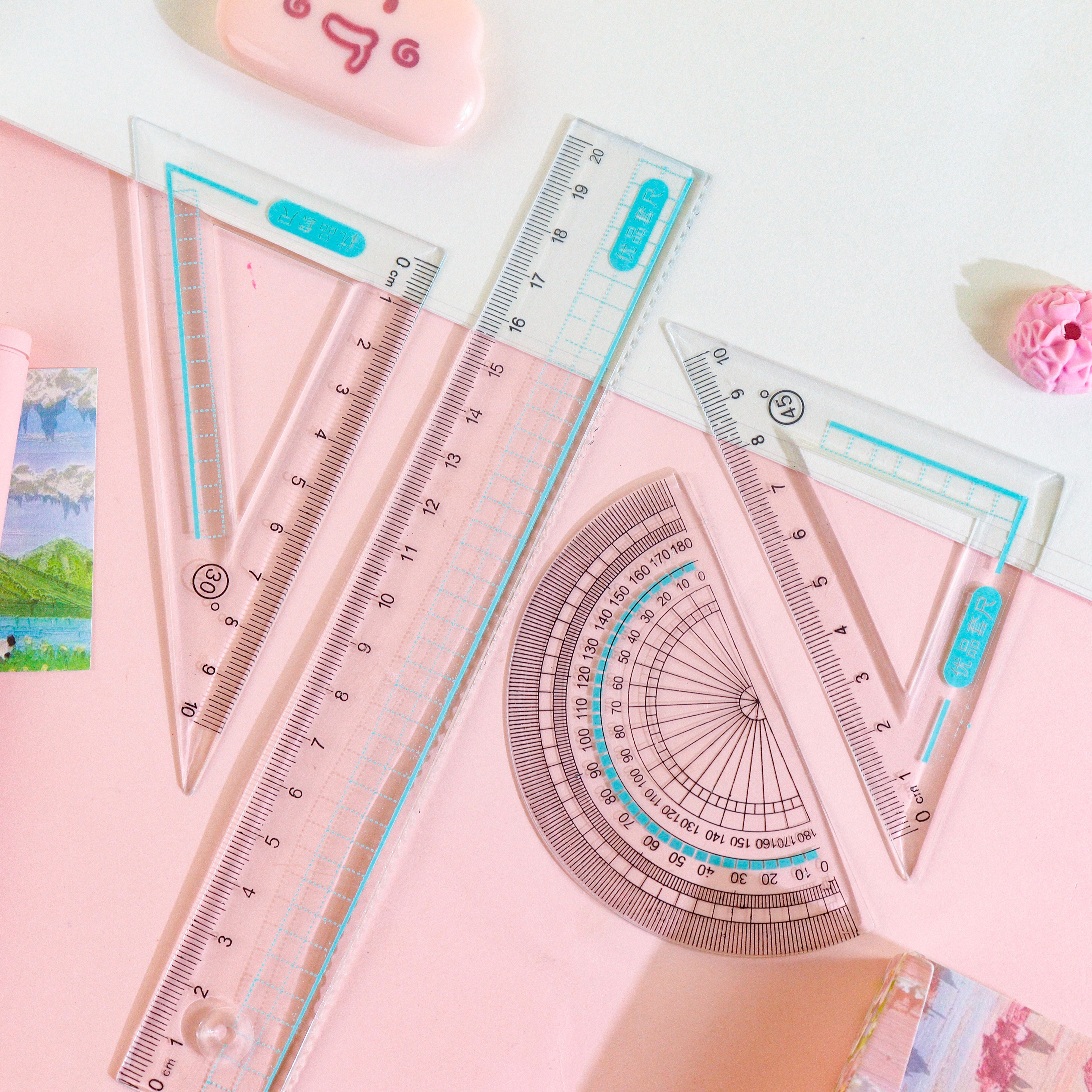 XX-0016 Multi-functional grid bag 4-piece set, essential tool for learning, high school, primary school and junior high school students cartoon pattern high transparency ruler set details Picture