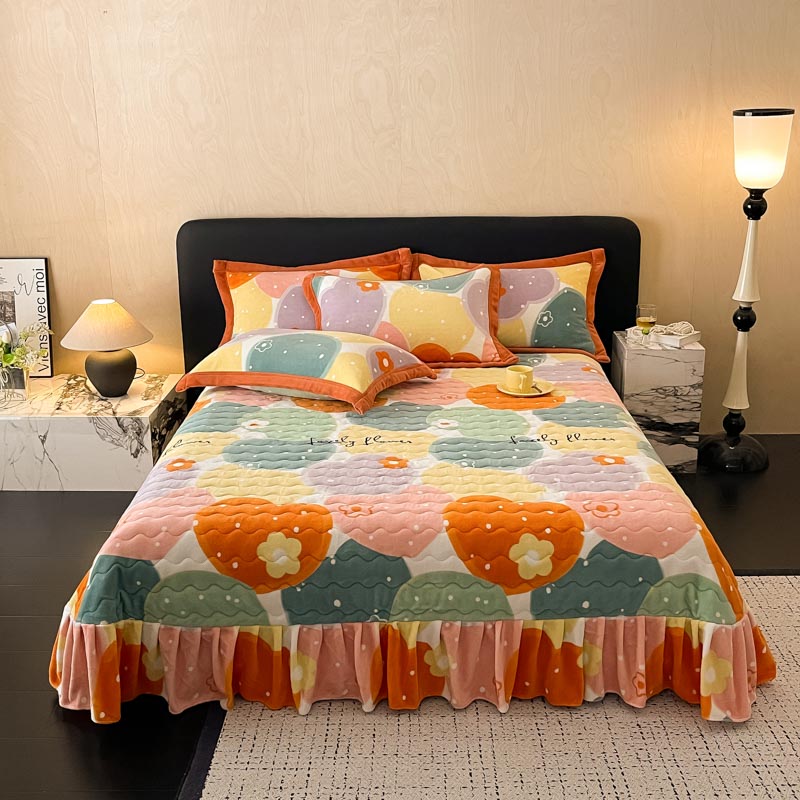 Printed milk wool quilted cotton-padded bed cover pillowcase three-piece set, thickened warm bedding set, home textile set, fresh DB home textile bed cover details Picture
