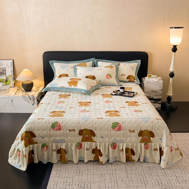 Printed milk wool quilted cotton-padded bed cover pillowcase three-piece set, thickened warm bedding set, home textile set, fresh DB home textile bed cover Specification image