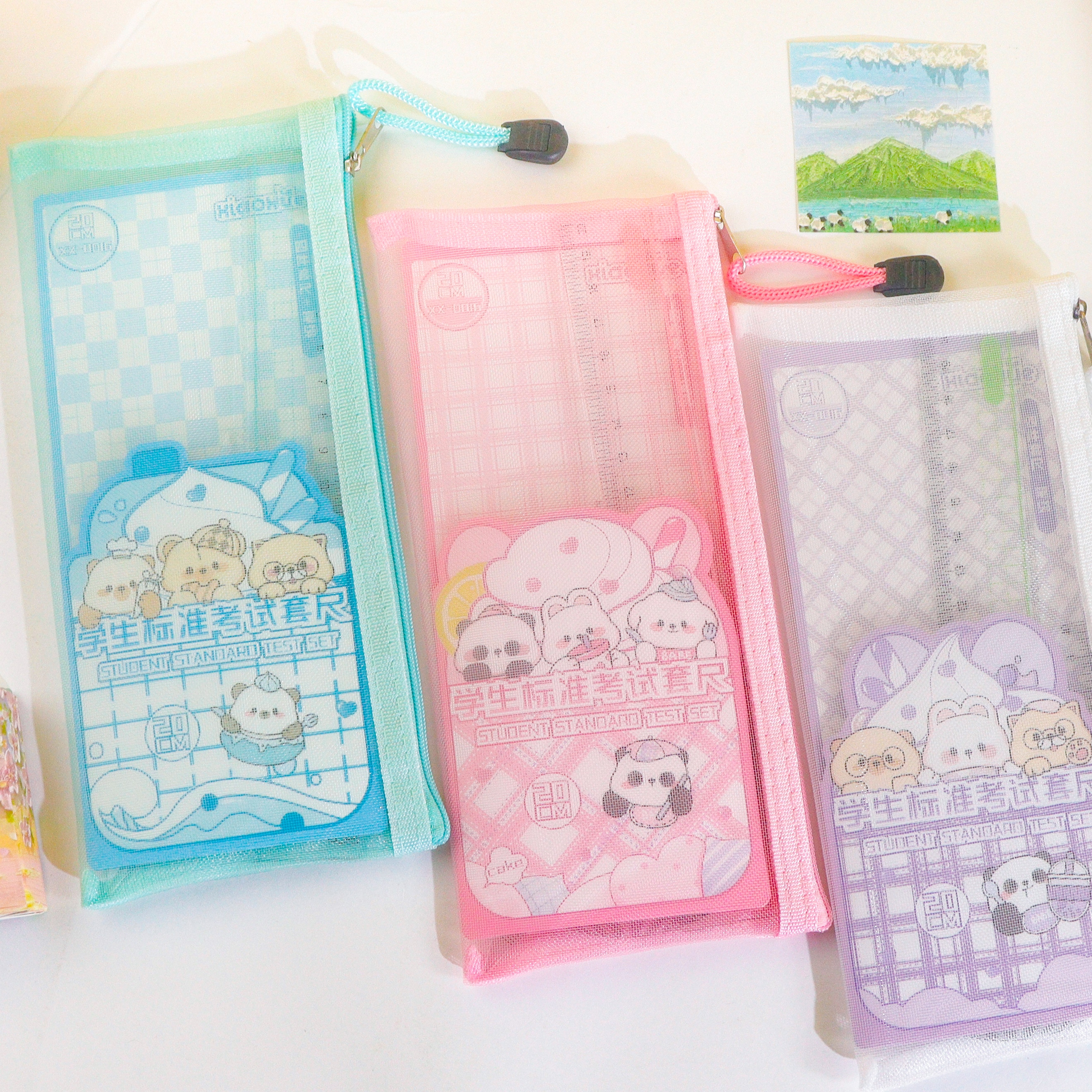 XX-0016 Multi-functional grid bag 4-piece set, essential tool for learning, high school, primary school and junior high school students cartoon pattern high transparency ruler set