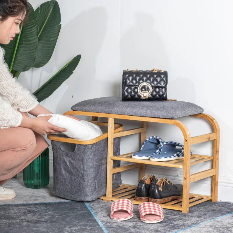 Shoe-changing stool, home door soft cushion, bamboo shoe-putting stool, multi-functional, simple shoe cabinet rack for entry
