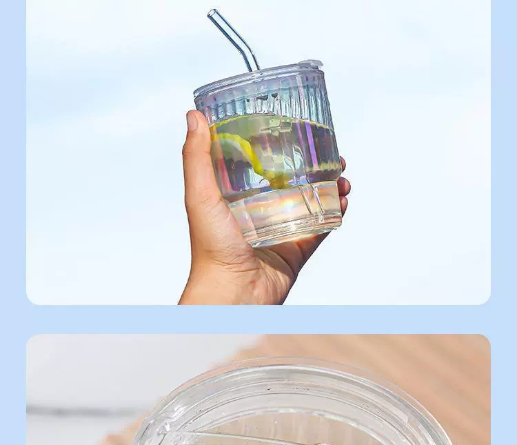 Y204-炫彩蜂窝条纹杯玻璃杯咖啡杯吸管杯办公室喝水杯子随行杯玻璃杯详情图6