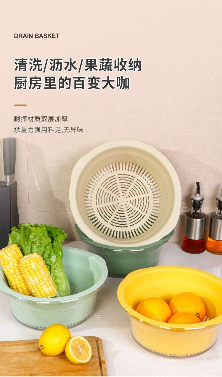 Y206-大号脸盆PET+沥水PP双层洗菜盆家用厨房沥水篮塑料大号滤水洗菜篮透明洗水果蔬菜神器详情图5