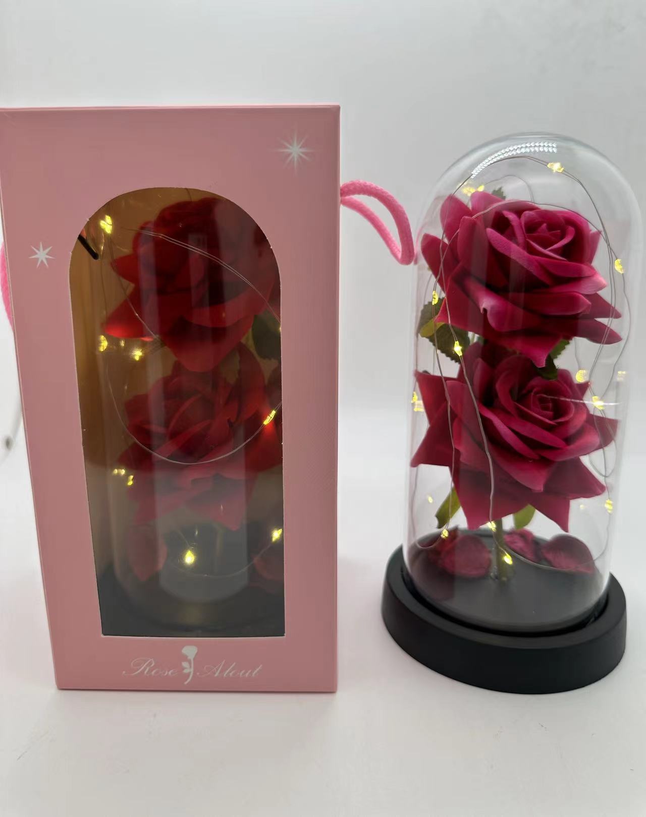 永生花双层玫瑰花玻璃亚克力灯罩七夕情人节母亲节生日礼物创意摆摊摆件大玫瑰仿真花创意礼品