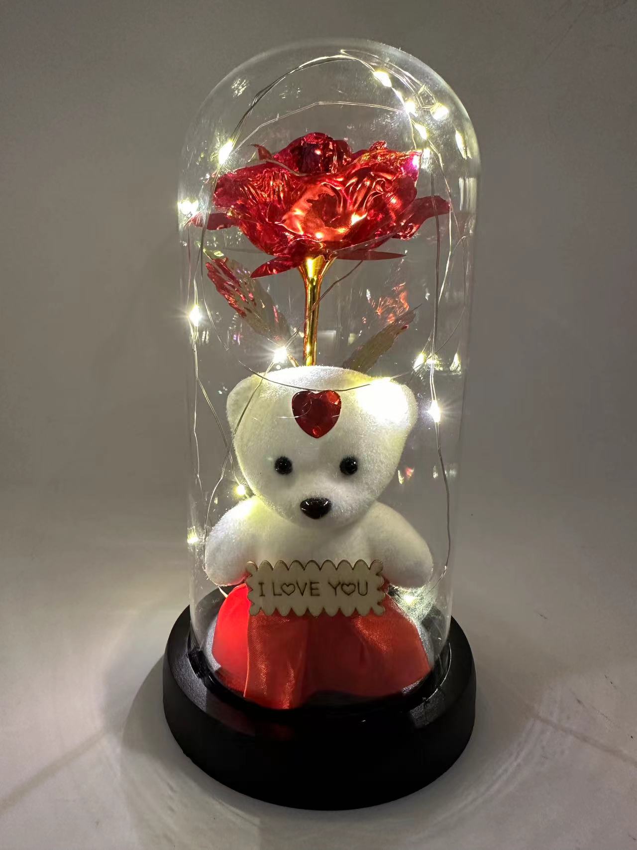 严选永生玫瑰小熊永生花玻璃亚克力灯罩花束情人节礼品led灯摆件生日礼物手工花材料仿真花毛线花婚庆车玫瑰花