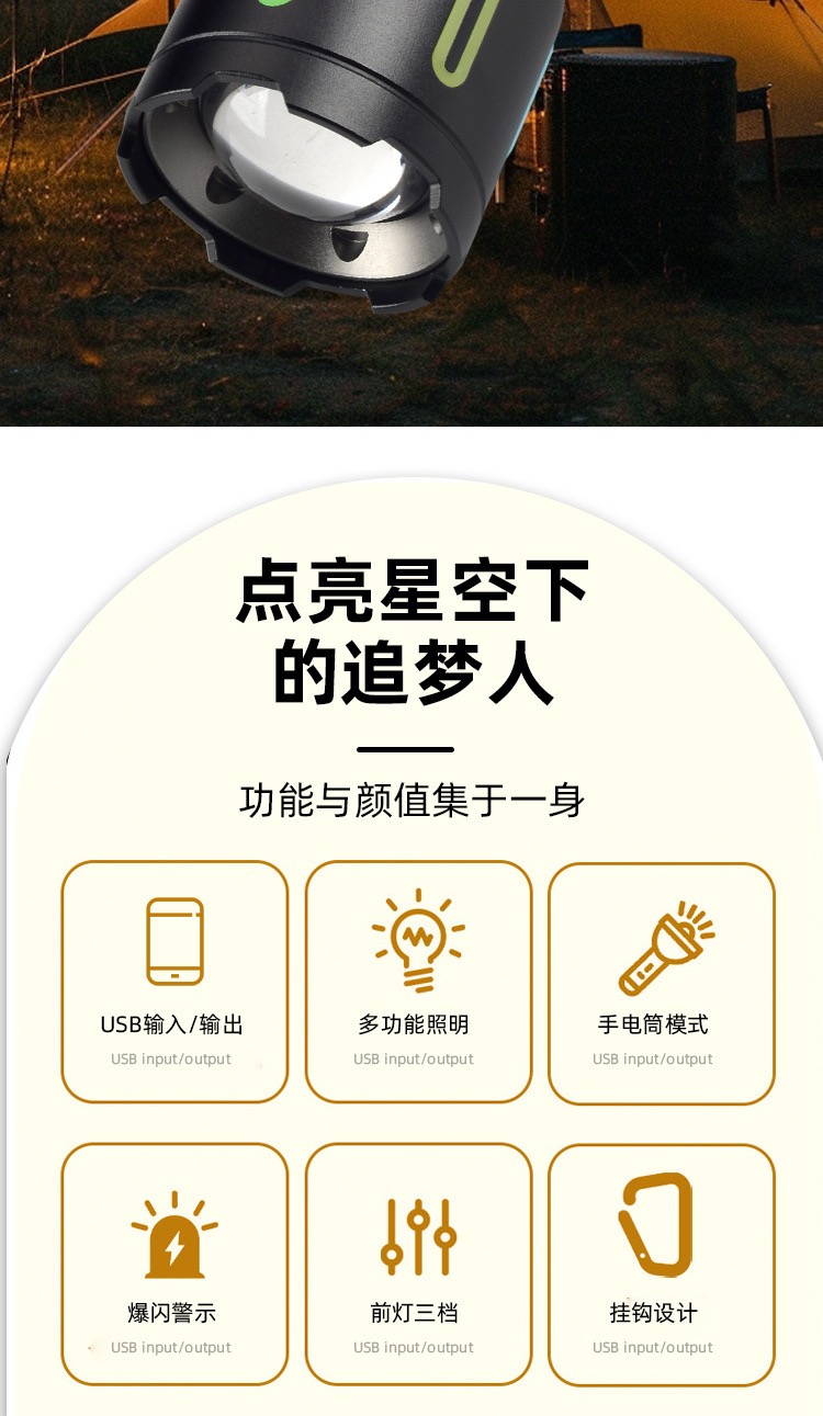 LED强光超亮手电筒USB充电家用应急灯户外远射钓鱼灯多功能便携战术探照灯白激光露营氛围灯户外应急手电筒详情2