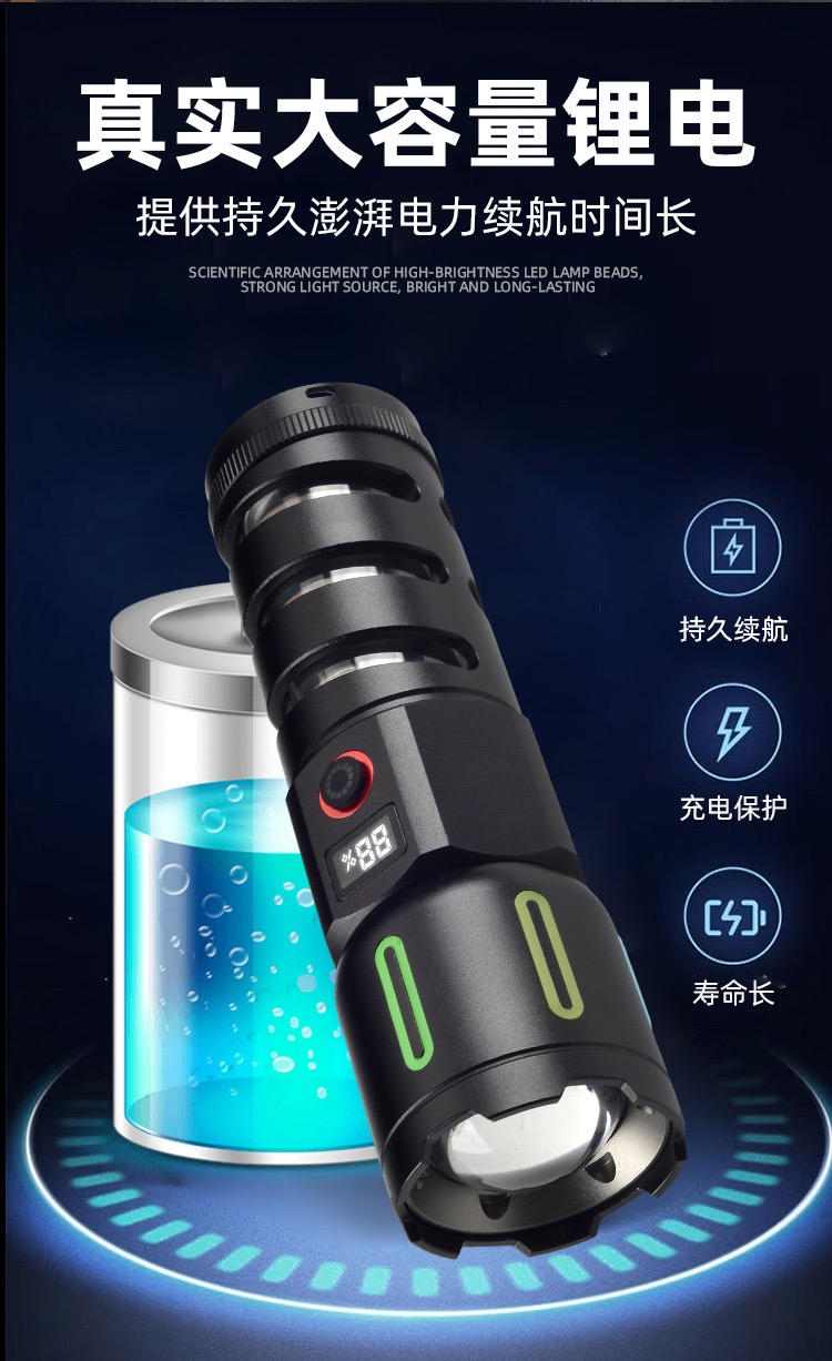 LED强光超亮手电筒USB充电家用应急灯户外远射钓鱼灯多功能便携战术探照灯白激光露营氛围灯户外应急手电筒详情9