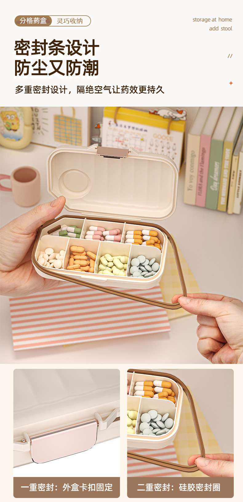 J29-6603 Portable dispensing medicine dispenser, mini medicine reminder box for three meals a day, one-week portable small size Item Picture