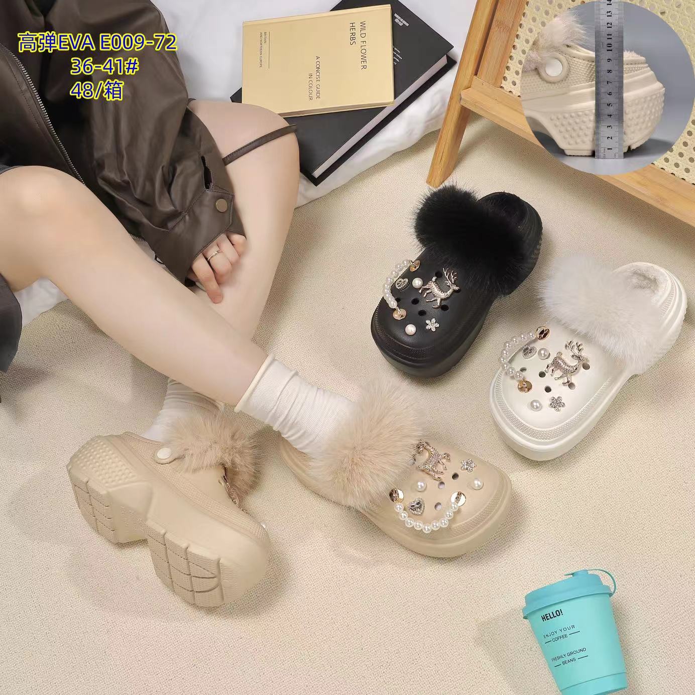 Thick-soled star crocs for women, fleece, warm and thick, versatile and fashionable cotton slippers, winter woolen slippers, winter