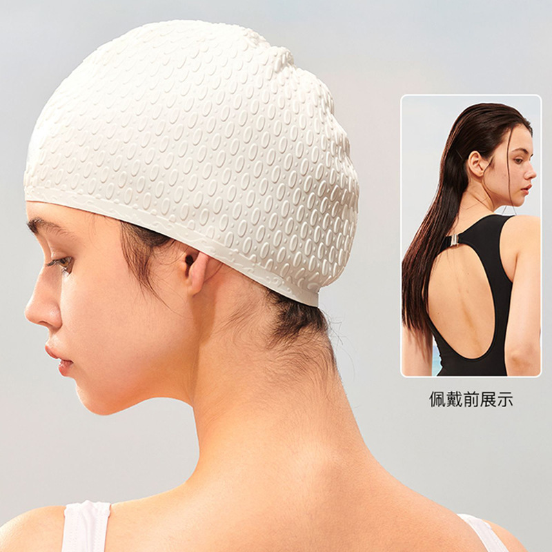 Factory direct sales of silicone water drop swimming caps, enlarged bubble swimming caps, super elastic waterproof ear protection, large size, long hair not constricting, 2024 details Picture
