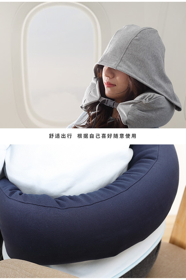 跨境专供全棉护颈枕颈椎枕旅行飞机枕连帽U形护颈枕午睡颈椎趴枕详情5