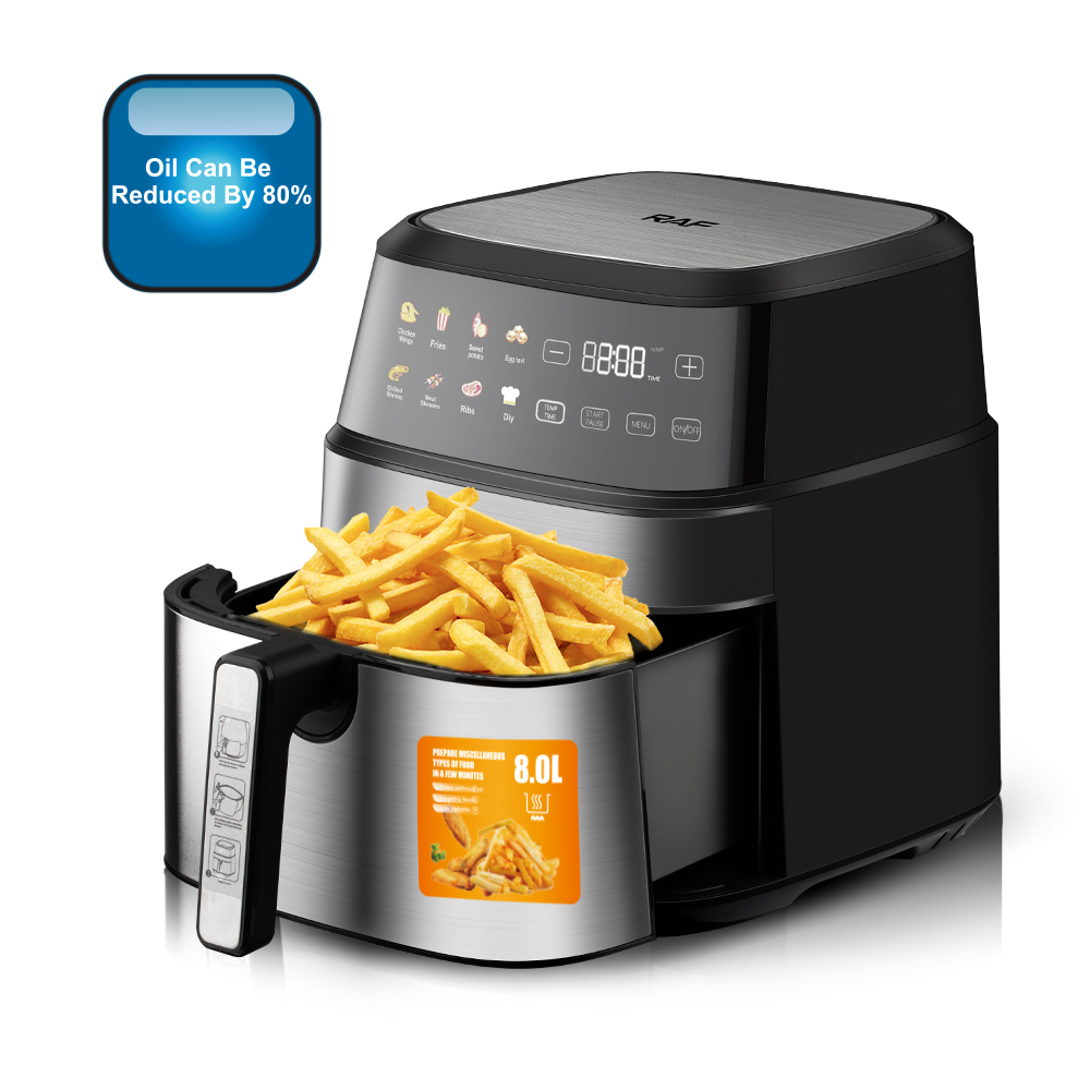 RAF Air fryer is a multi-functional smart touch screen oil-free and smokeless electric fryer with a large capacity of 6.5L Item Picture