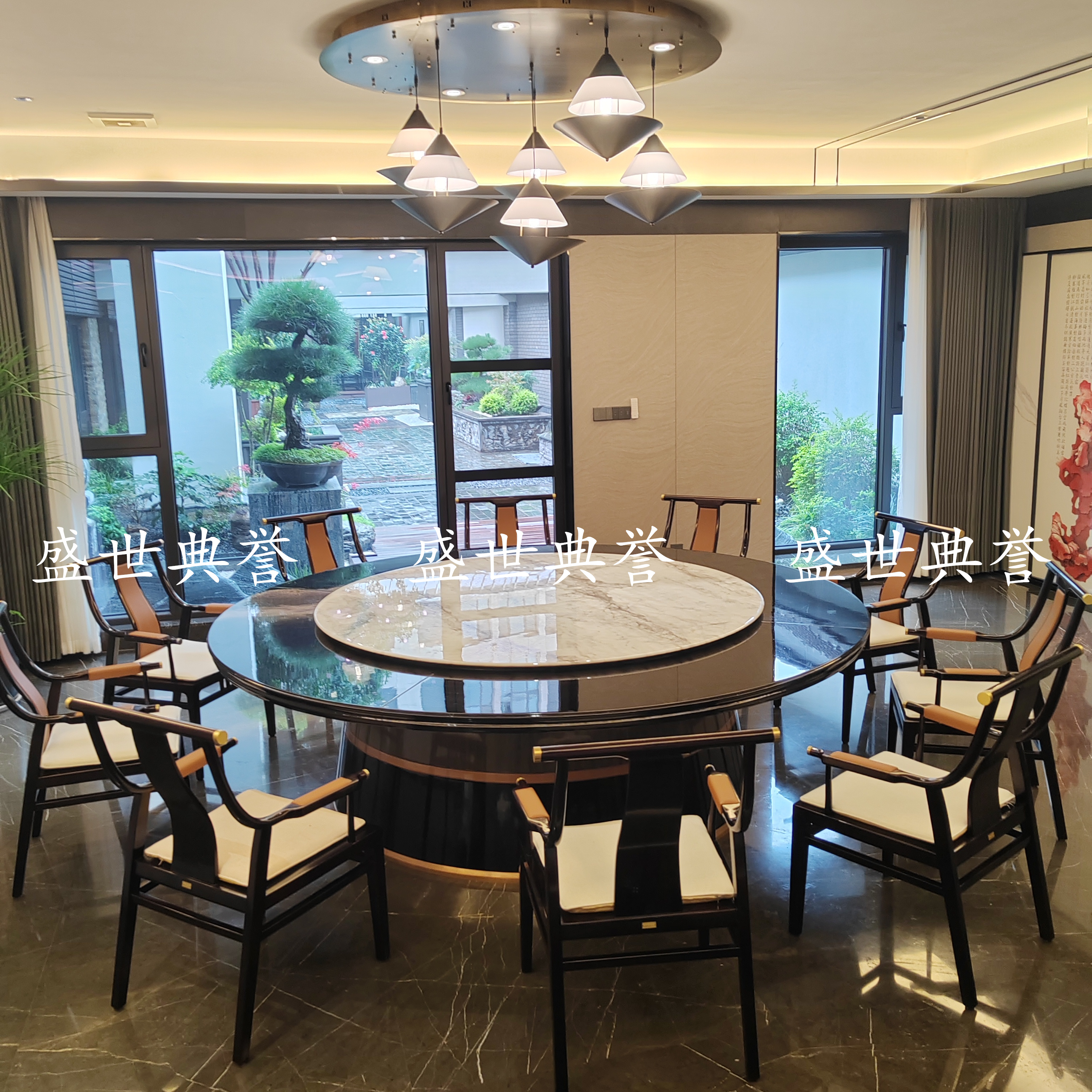 Baoji Banquet Center private room solid wood electric dining table and chairs, star hotel light luxury large round table new electric dining table Specification image