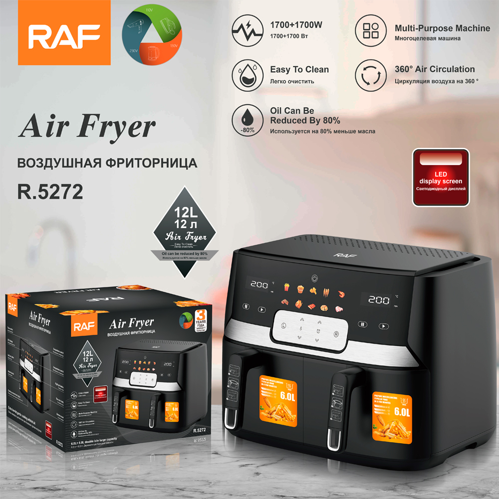 RAF European standard cross-border double-chamber air fryer with dual compartments, 9L large capacity, multi-functional, dual POTS and dual baskets, intelligent touch screen R.5272 pic 3