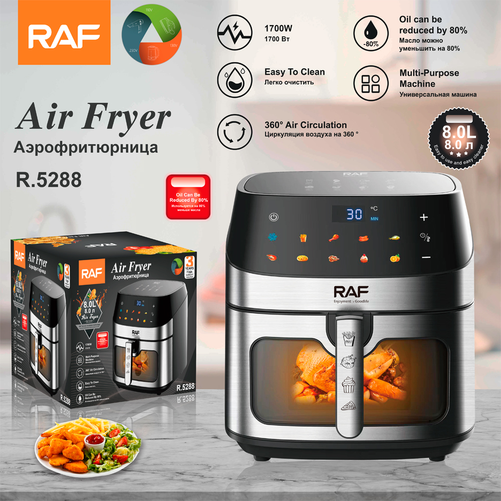 RAF European standard cross-border air fryer, large capacity, multi-functional, smart home digital display electric fryer, 8L, no smoke, R.5288
