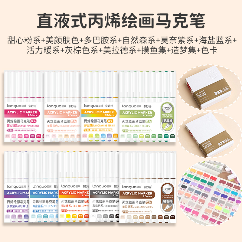 Languo蓝果直液式软头丙烯马克笔81色全套绘画专用36色学生肤色不透色可叠色智能控墨儿 童水彩笔48色画画颜料笔画笔详情5