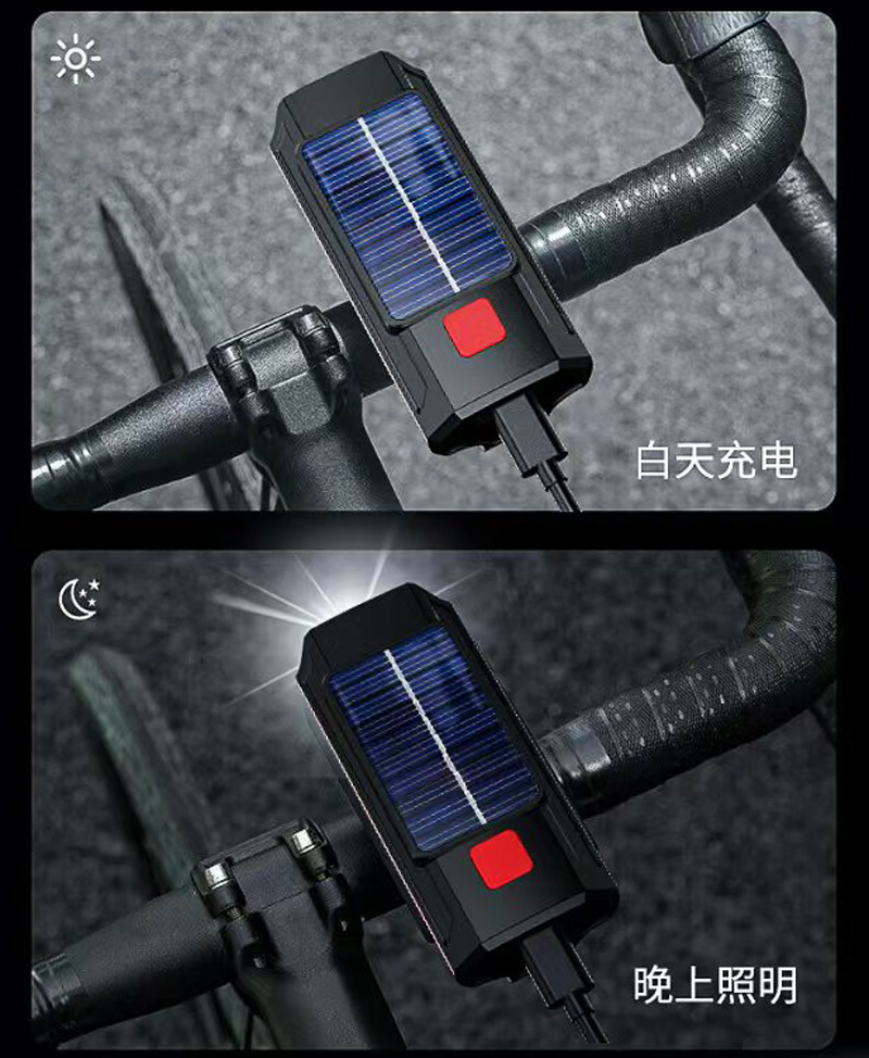 7592USB recargable bicicleta solar faro cuerno luz campana noche paseo faro bicicleta luz brillante linterna equipo pic 4