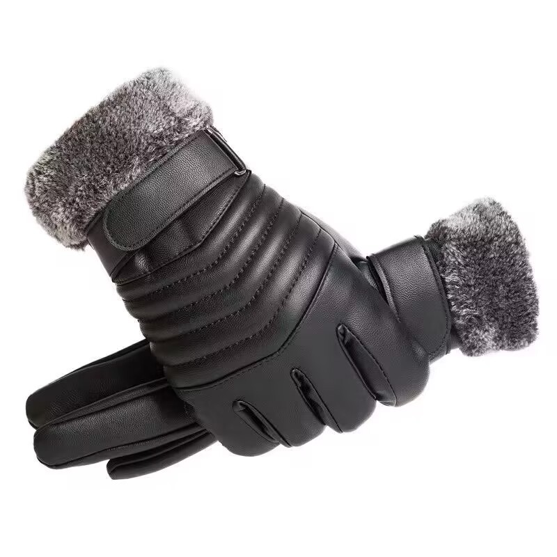 Winter gloves for motorcycles, thickened with fleece, touch screen, warm riding, large cotton, windproof and cold-proof, men's leather gloves for skiing Item Picture