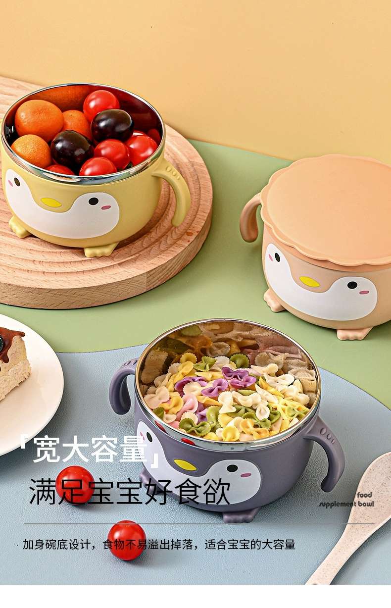 M73-9997 Creative 304 stainless Steel Children's Cute Penguin Cartoon Lid handle Baby food Bowl Student soup Bowl detail image 7