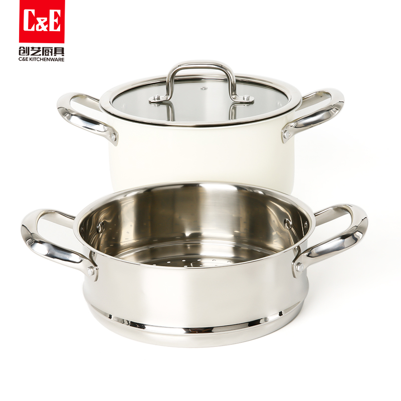 C&E Creative Stainless Steel steamer with double ears, high appearance level, multi-functional pot for steaming and boiling at the top and bottom, soup pot, kitchenware for home use Item Picture