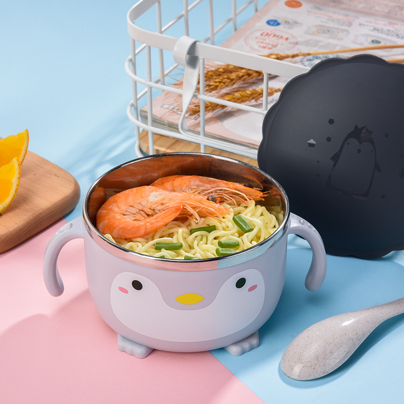 M73-9997 Creative 304 stainless Steel Children's Cute Penguin Cartoon Lid handle Baby food Bowl Student soup Bowl Application Scenario