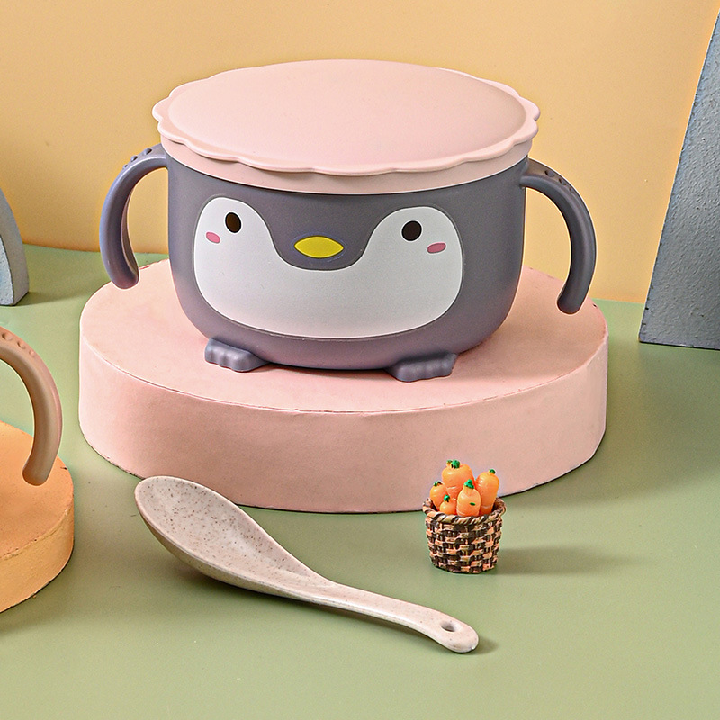 M73-9997 Creative 304 stainless Steel Children's Cute Penguin Cartoon Lid handle Baby food Bowl Student soup Bowl