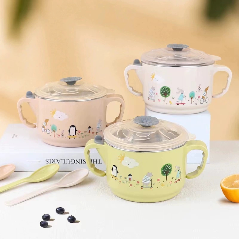 X111-2371 Cute Style double-handled covered stainless steel rice bowl with water filling and heat preservation bowl for children to eat rice bowls detail image 6