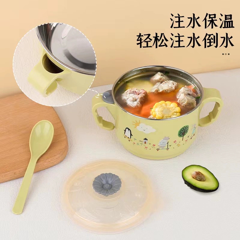X111-2371 Cute Style double-handled covered stainless steel rice bowl with water filling and heat preservation bowl for children to eat rice bowls detail image 5