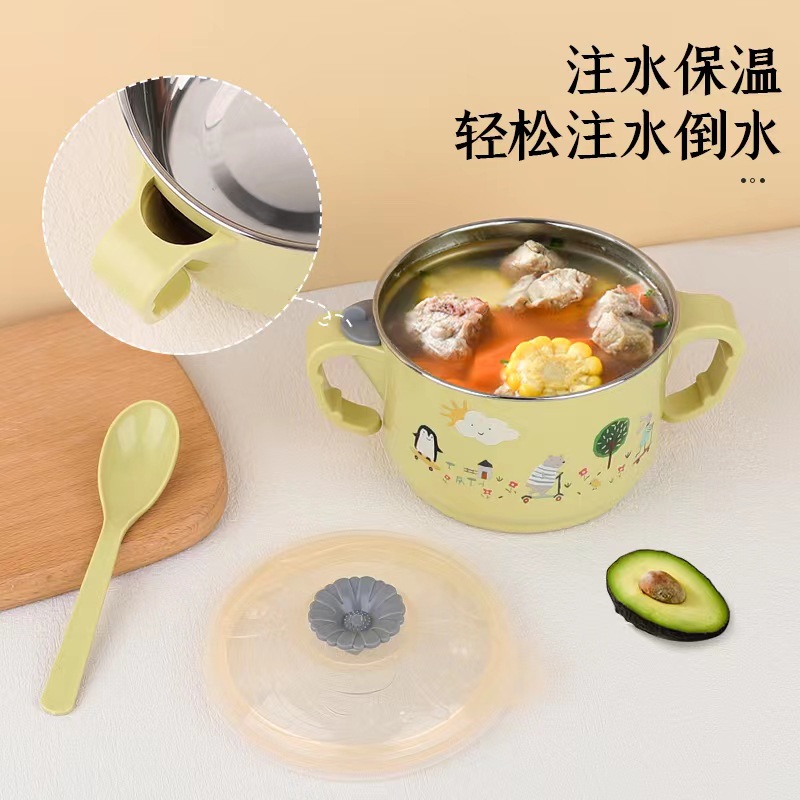 X111-2371 Cute Style double-handled covered stainless steel rice bowl with water filling and heat preservation bowl for children to eat rice bowls detail image 3