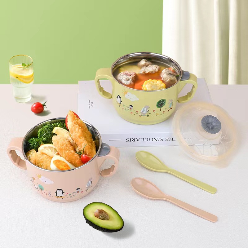 X111-2371 Cute Style double-handled covered stainless steel rice bowl with water filling and heat preservation bowl for children to eat rice bowls