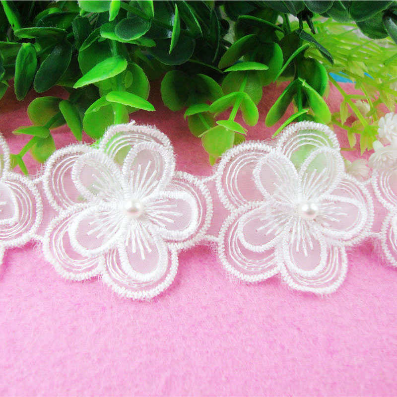 6.5cm glass yarn double-layer pearl barcode embroidery water-soluble polyester lace white flower decorative children's clothing Item Picture