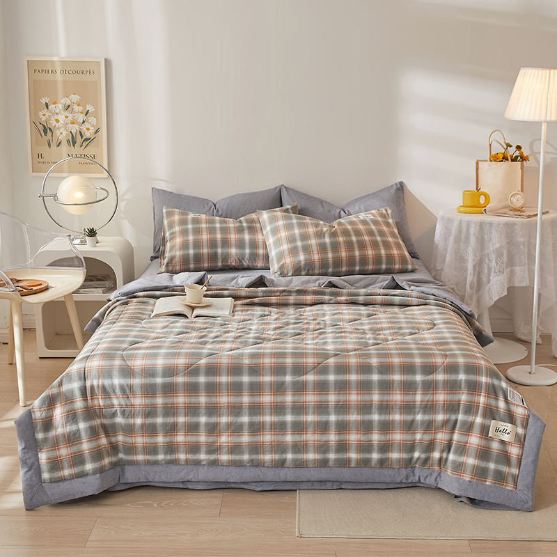 Summer simple checkered all-cotton summer quilt set, pure cotton skin-friendly air-conditioned quilt, summer cooling quilt, bed sheet and quilt set, customizable details Picture
