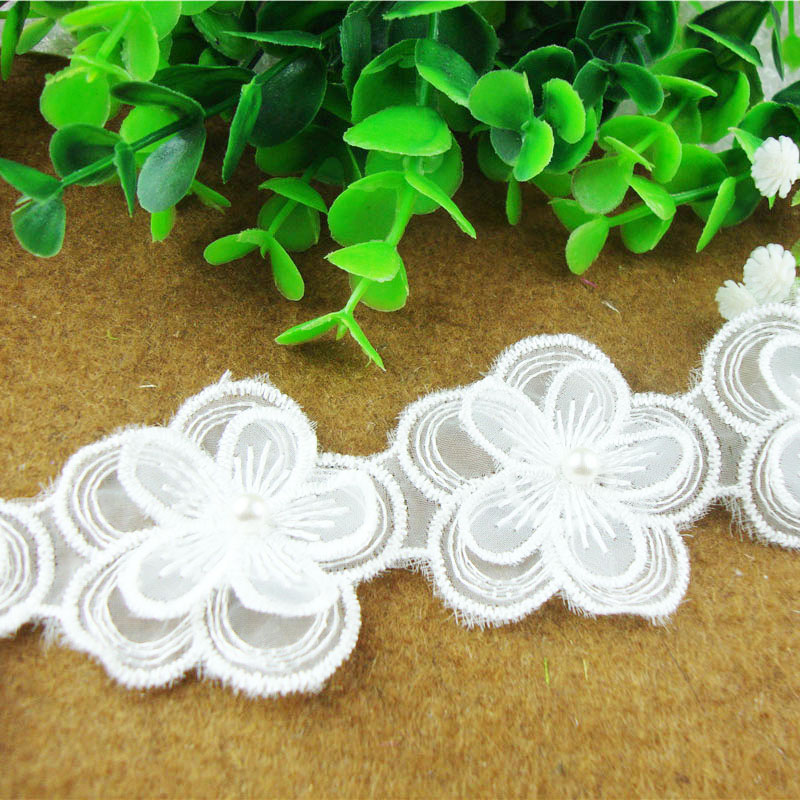 6.5cm glass yarn double-layer pearl barcode embroidery water-soluble polyester lace white flower decorative children's clothing details Picture
