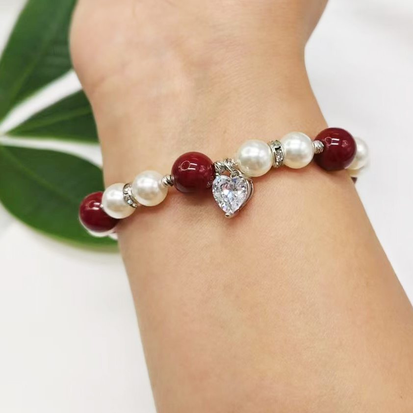 Shi Family Pearl Zircon Heart Bracelet, Angora red and pearl color bracelet, popular light luxury design, high-end feel, high appearance level, high-quality accessory bracelet detail image 6