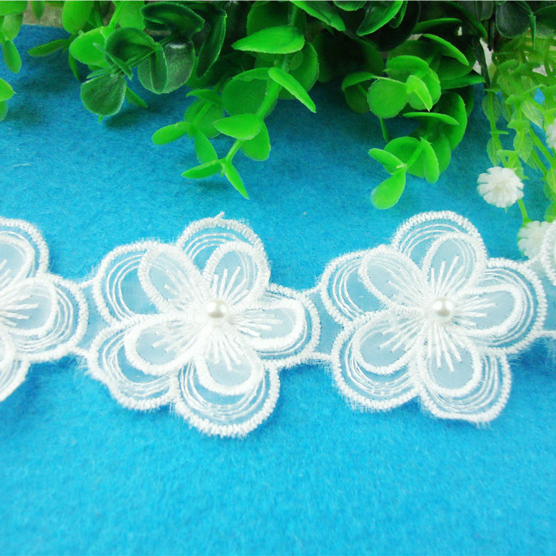 6.5cm glass yarn double-layer pearl barcode embroidery water-soluble polyester lace white flower decorative children's clothing Specification image