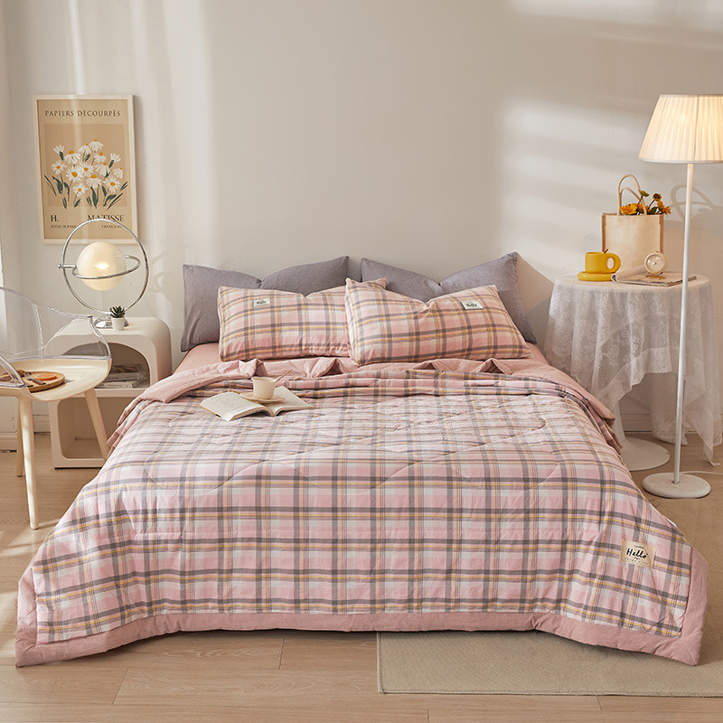 Summer simple checkered all-cotton summer quilt set, pure cotton skin-friendly air-conditioned quilt, summer cooling quilt, bed sheet and quilt set, customizable
