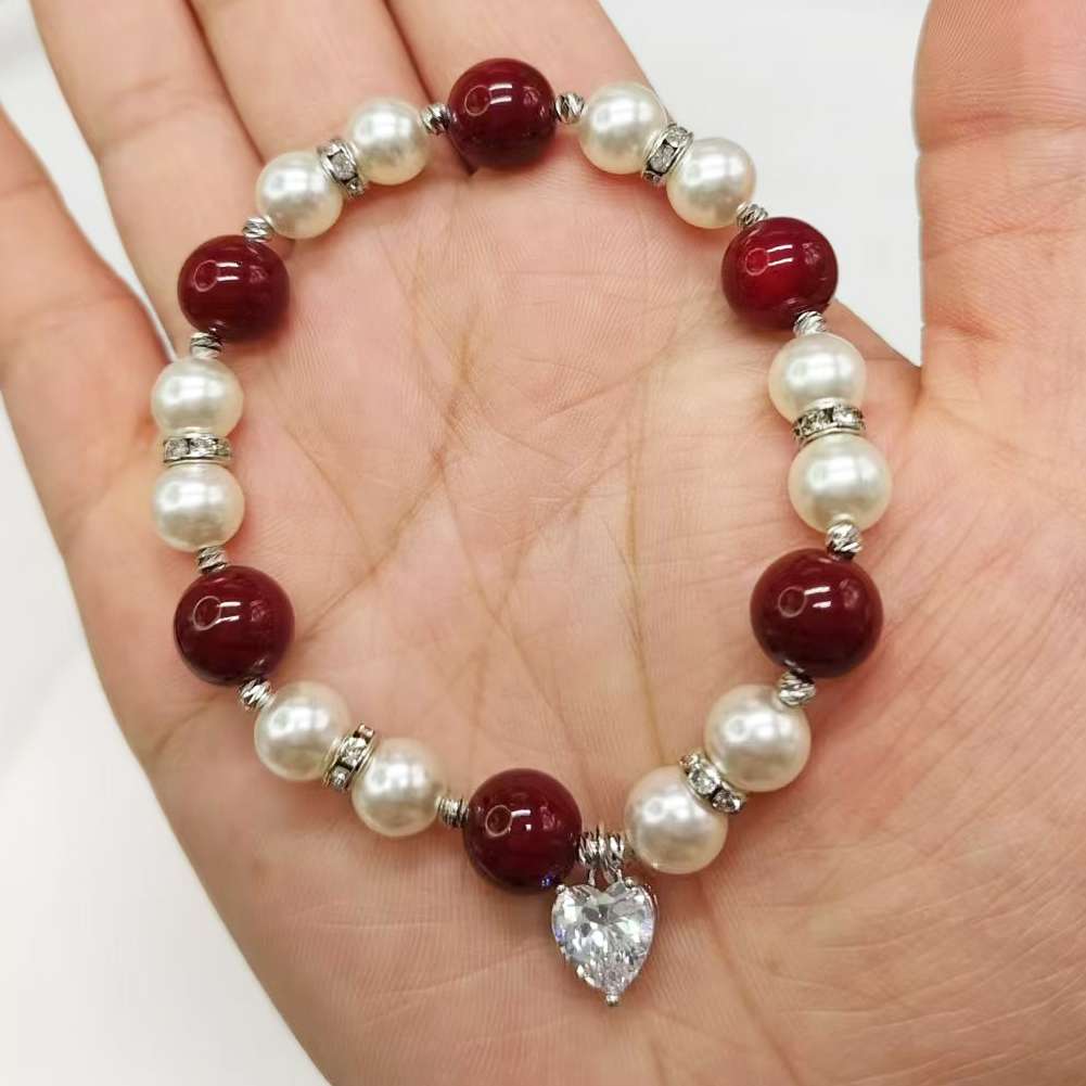 Shi Family Pearl Zircon Heart Bracelet, Angora red and pearl color bracelet, popular light luxury design, high-end feel, high appearance level, high-quality accessory bracelet detail image 9