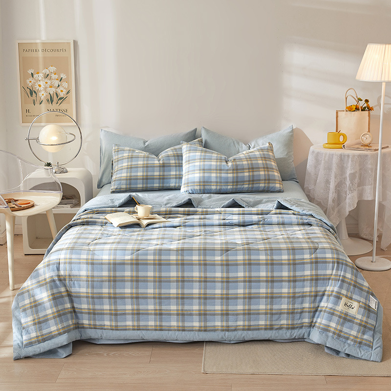 Summer simple checkered all-cotton summer quilt set, pure cotton skin-friendly air-conditioned quilt, summer cooling quilt, bed sheet and quilt set, customizable Specification image