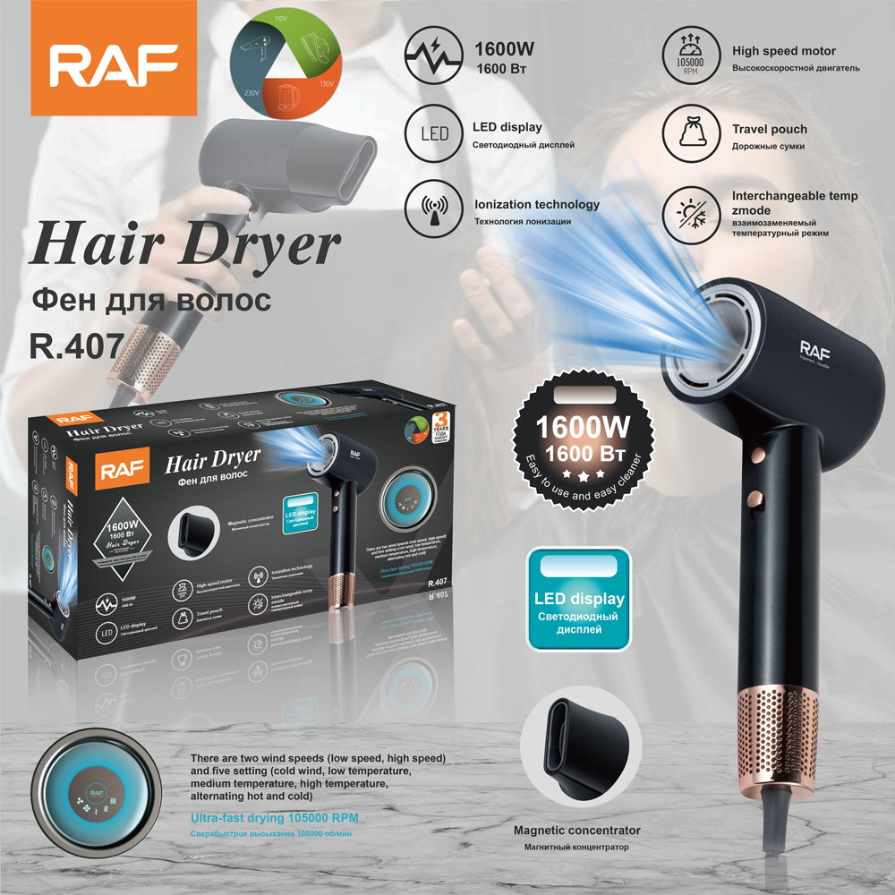 RAF European standard cross-border high-speed hair dryer, smart temperature control, household high-power quick-drying hair dryer, negative ion pic 3