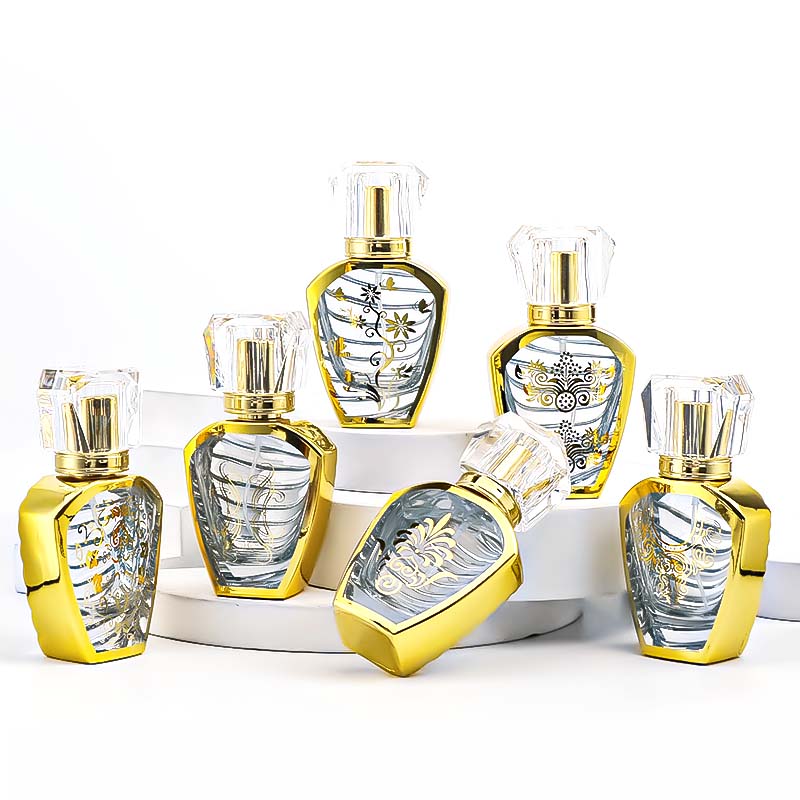 30ml screw-mouth bottle, electroplated and engraved glass bottle, transparent inner spray cap, press spray perfume bottle, empty bottle Item Picture
