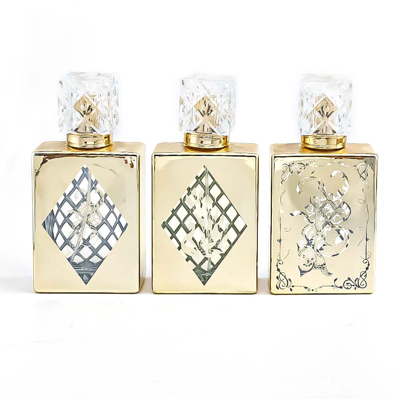 100ml screw-mouthed perfume bottle, square electroplated UV-engraved glass bottle, transparent cap, press spray portable Item Picture