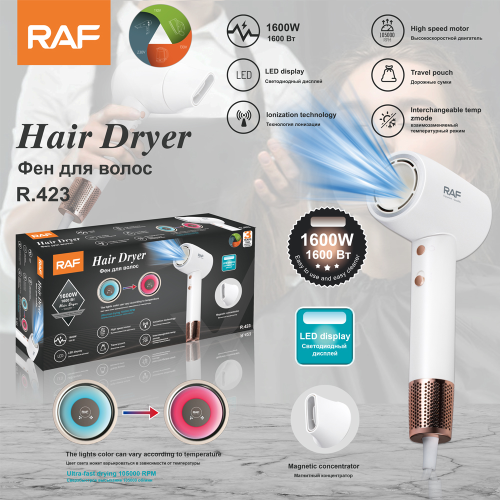 RAF European standard cross-border high-speed hair dryer, smart temperature control, household high-power quick-drying hair dryer, negative ion R.423