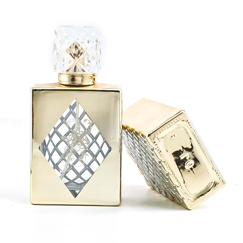 100ml screw-mouthed perfume bottle, square electroplated UV-engraved glass bottle, transparent cap, press spray portable details Picture