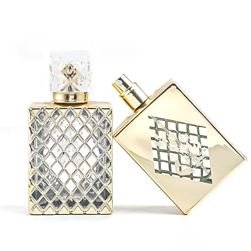 100ml screw-mouthed perfume bottle, square electroplated UV-engraved glass bottle, transparent cap, press spray portable