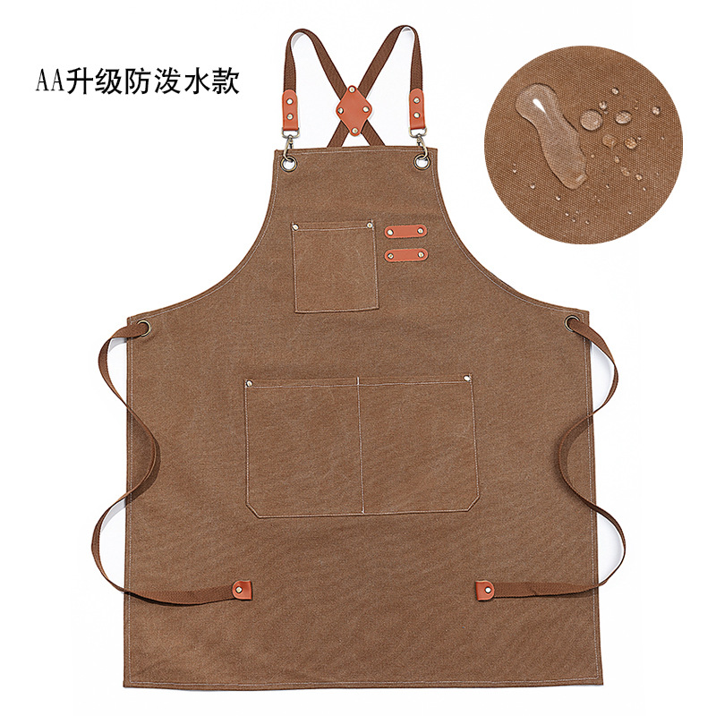 Waterproof, thickened all-cotton canvas apron for foreign trade, coffee shop, barber shop, milk tea shop, home kitchen, gardening work clothes apron details Picture