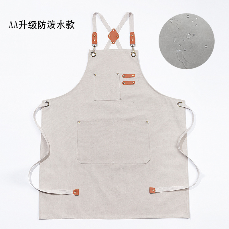 Waterproof, thickened all-cotton canvas apron for foreign trade, coffee shop, barber shop, milk tea shop, home kitchen, gardening work clothes apron Item Picture