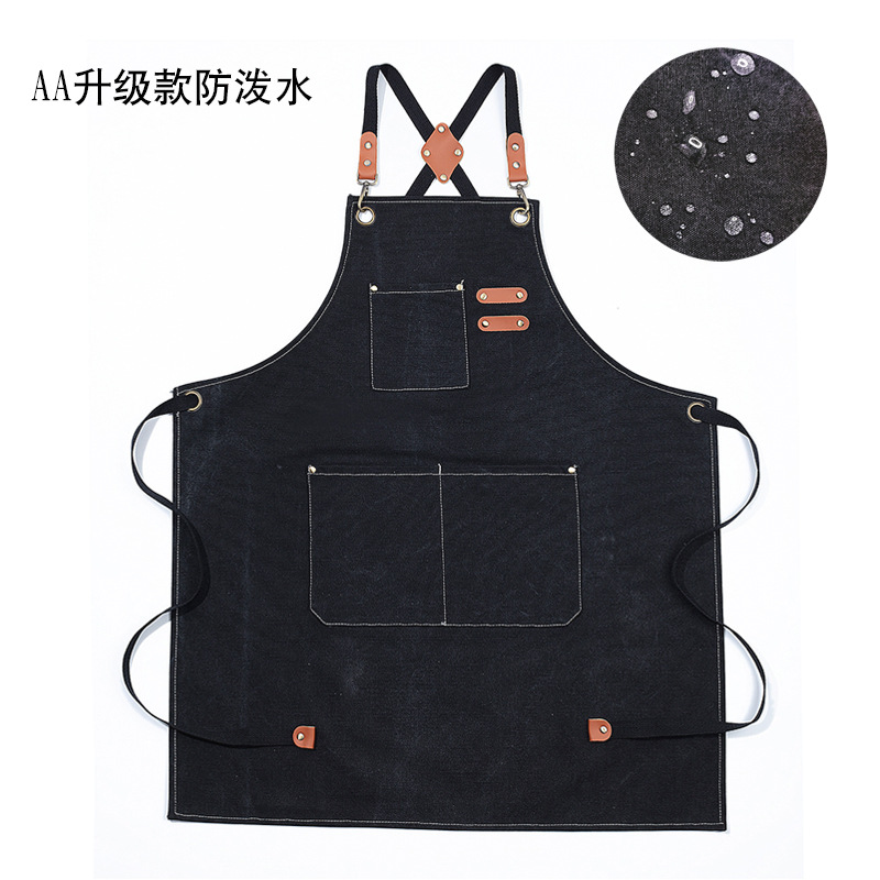 Waterproof, thickened all-cotton canvas apron for foreign trade, coffee shop, barber shop, milk tea shop, home kitchen, gardening work clothes apron